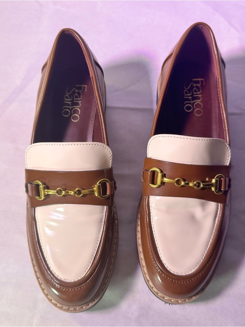 Franco Sarto Brown and Cream Leather Two-Tone Loafer with Gold Chain - Picture 4 of 9
